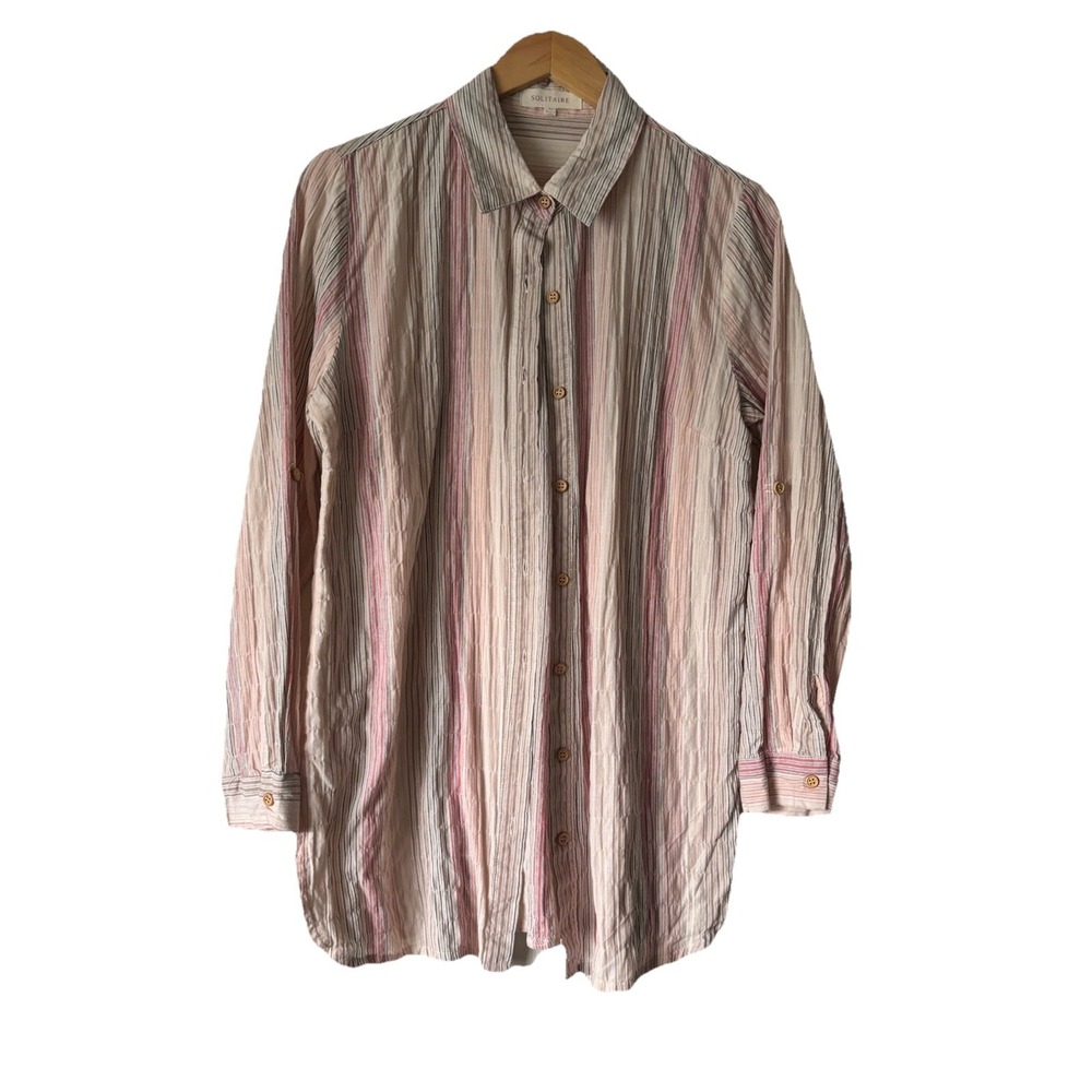 Solitaire Women's Striped Button Down With Roll Tab Sleeves Split Hem MEDIUM